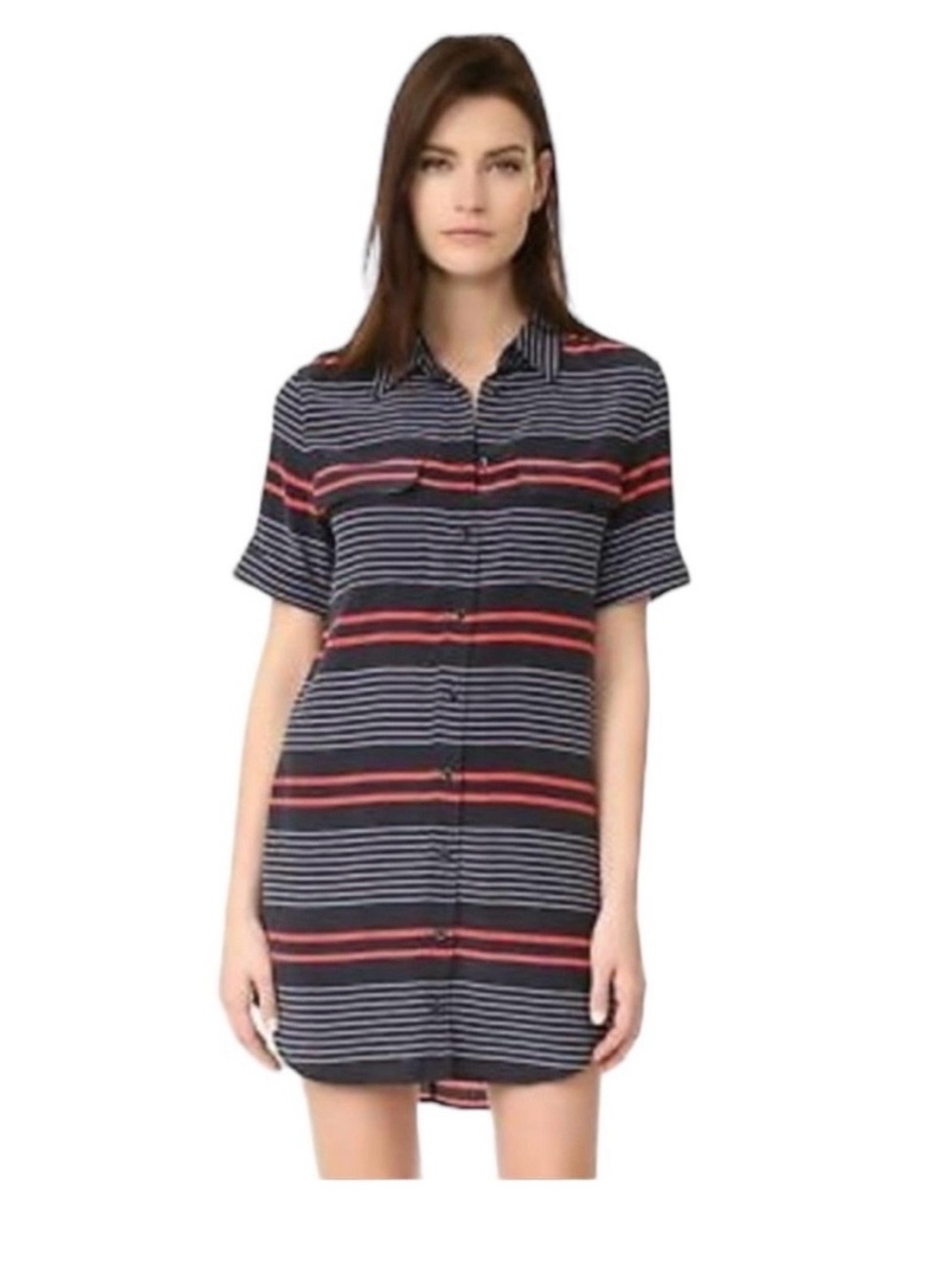 Equipment 100% silk Striped Button-Front Shirt Dress in Navy and Red